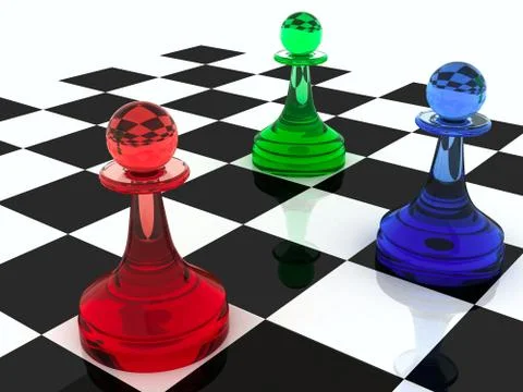Colorful chess figures: three classical shape pawns made of different colored 库存插图