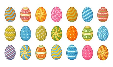 Colorful chicken eggs with ornament icon set. Easter holiday food. Vector Stock Illustration