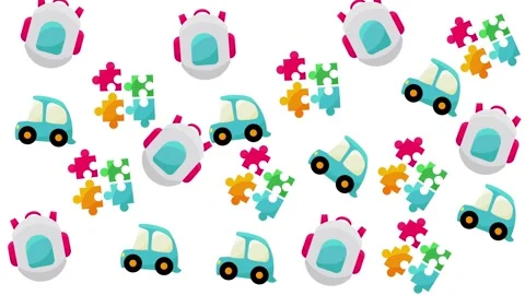 Colorful Children Pattern Background with Backpacks Toy Cars and Puzzle Pieces Stock Footage 345539162