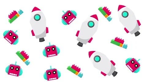 Colorful Children Pattern with Space Rockets Robots and Toy Building Blocks Stock Footage 345539164