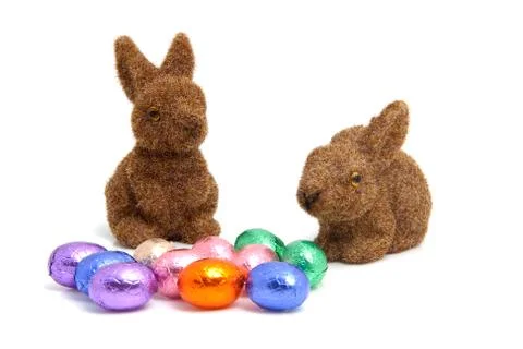 Colorful chocolate easter eggs and bunnies Stock-Fotos