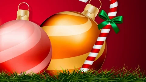 Colorful Christmas balls decorations video animation on grass red background. Stock Footage