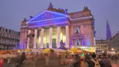 Colorful Christmas Marketplace in Brussels City Center Stock Footage
