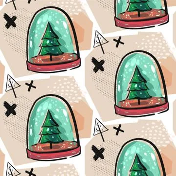Colorful Christmas poster with cute cartoon snow globe with fir-tree on green Stock Illustration