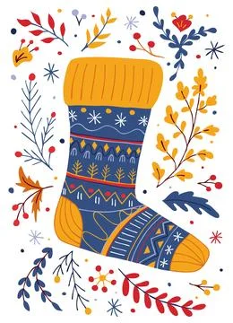 Colorful Christmas sock with patterns surrounded by seasonal foliage and fest Stock Illustration