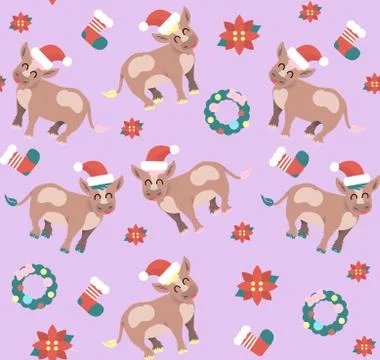 Colorful Christmas vector seamless pattern with little cows. Stock Illustration