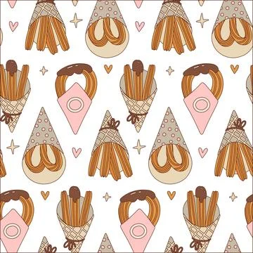 Colorful Churros Seamless pattern. Various types of tasty churros. Traditional Illustrazione stock