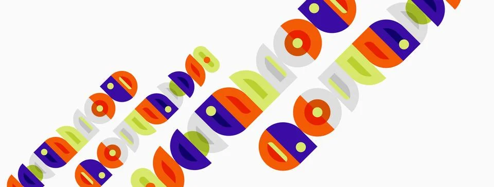 Colorful circles, diagonal lines create abstract pattern. Bright hues, geom.. Stock Illustration