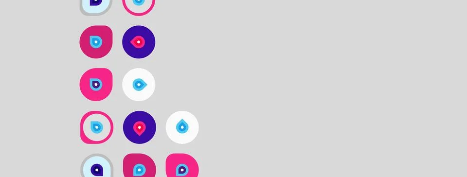 Colorful circles, droplets, patterns present on gray background. Simple desig Stock Illustration