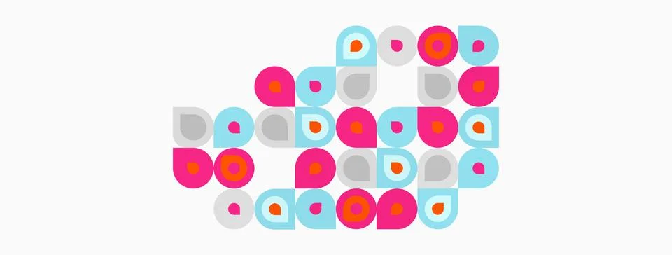 Colorful circles form abstract pattern. Pink, turquoise, orange, gray dots 스톡 일러스트