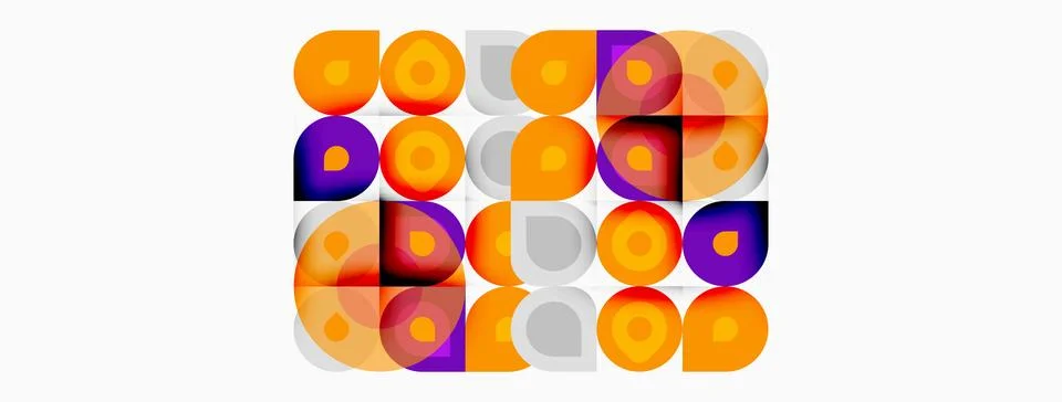 Colorful circles form grid pattern. Orange, purple, gray tones dominate desig Illustrazione stock