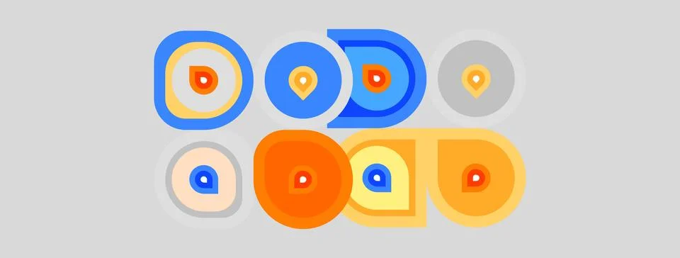 Colorful circles, nested designs, orange, blue hues. Geometric shapes present Stockillustratie