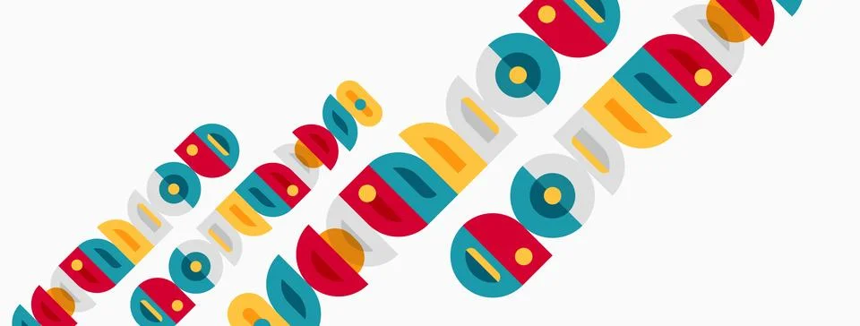 Colorful circles, overlapping patterns create abstract design. Bright hues, Stock Illustration