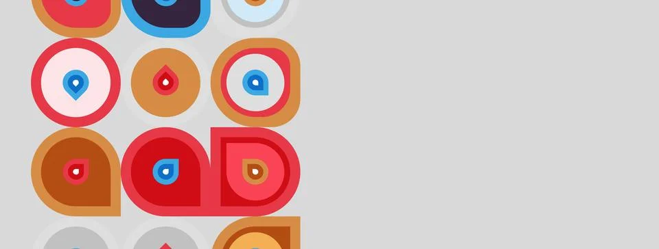 Colorful circles, squares overlap. Pattern repeats, creating abstract backg.. Stock Illustration