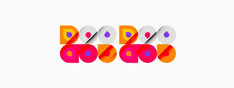 Colorful circles, squares, rectangles form abstract pattern. Bright hues crea Stock Illustration
