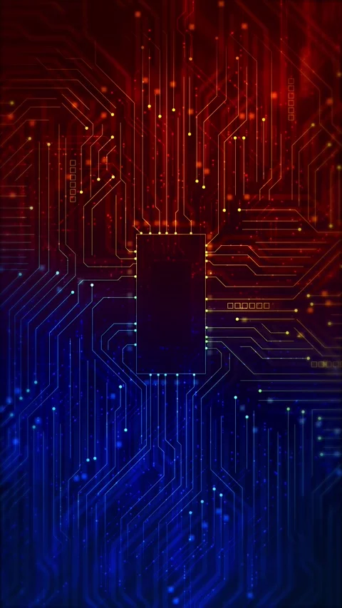 Colorful circuit board processor red, orange, blue, and yellow glowing traces Stock Footage 340527643