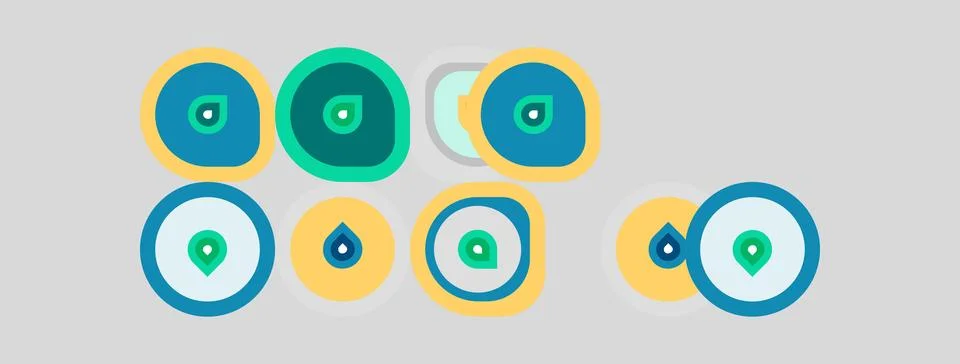 Colorful circular designs with central dot motifs. Various shades present, Stock Illustration