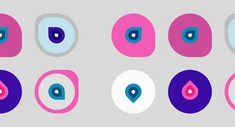 Colorful circular designs feature abstract shapes within. Patterns repeat, Stock Illustration