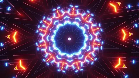 Colorful circular object with black background and red and blue lights. Kaleidos Stock Footage 252351641