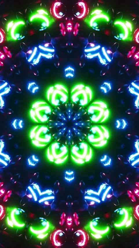 Colorful circular pattern of lights. Kaleidoscope VJ loop Vertical. 3D rendering Stock Footage 314000321