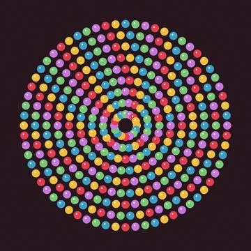Colorful circular pattern of multicolored dots on black background Illustrazione stock