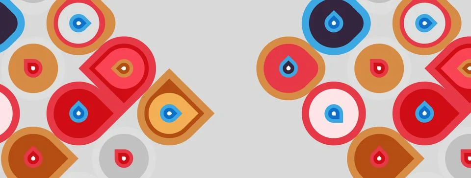 Colorful circular patterns repeat across gray background. Designs resemble ev Stock Illustration