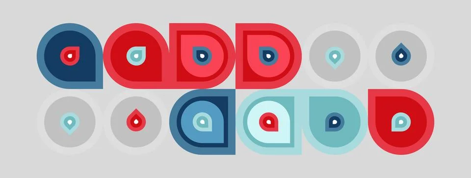 Colorful circular patterns repeat. Red, blue, gray tones dominate design. Stock Illustration