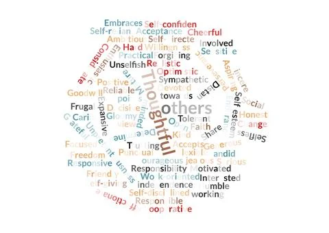 Colorful circular word cloud featuring positive personality traits and values Stock Illustration