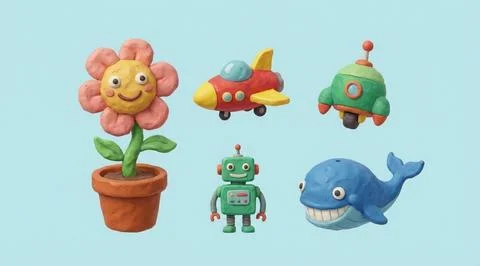 Colorful clay figures of various objects and creatures, playful designs Stock Illustration