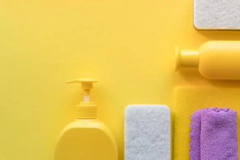 Colorful cleaning set for different surfaces in kitchen, bathroom and other Stock Photos