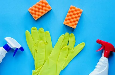 Colorful cleaning set for different surfaces in kitchen, bathroom and other r Stock-Fotos