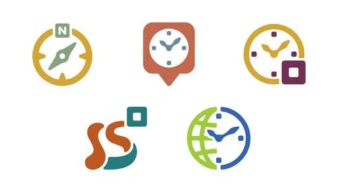 Colorful clock icons set with compass and speech bubble Vector 库存插图