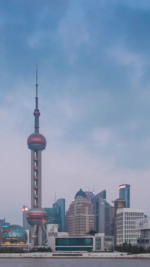 Colorful Clouds Over Iconic Shanghai Skyline at Dusk Stock Footage 341370243