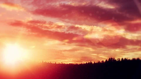 Colorful cloudy sunset sky with sun beams creating bokeh over a pine forest. Stock Footage 145359747