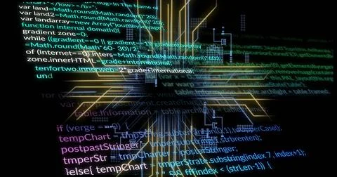 Colorful code lines and geometric shapes, programming and data processing image Stock Illustration