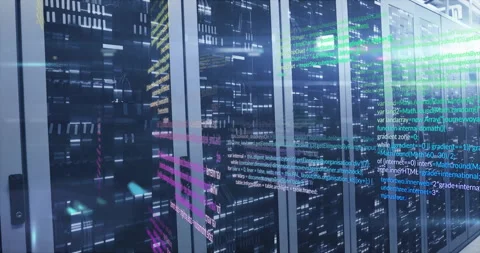 Colorful code lines animation over server racks in data center Stock Footage 306199543