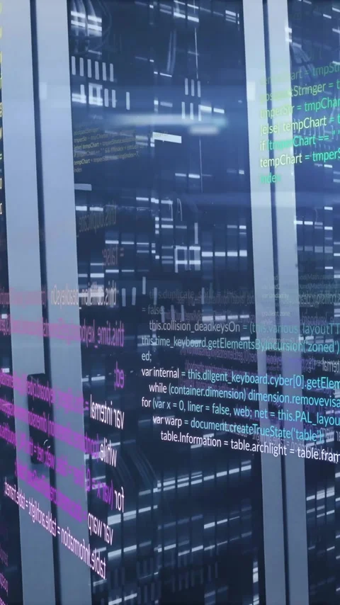 Colorful code lines animation over server racks in data center Stock Footage 341977008