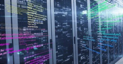 Colorful code lines image over server racks in data center Stock Photos