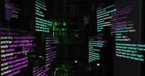 Colorful code snippets floating in dark server room, showcasing digital 스톡 사진