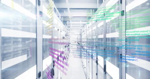 Colorful coding text animation over data servers in modern data center Stock Footage 306199622