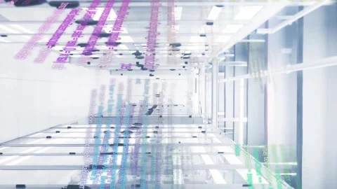 Colorful coding text animation over data servers in modern data center Stock Footage 313095523