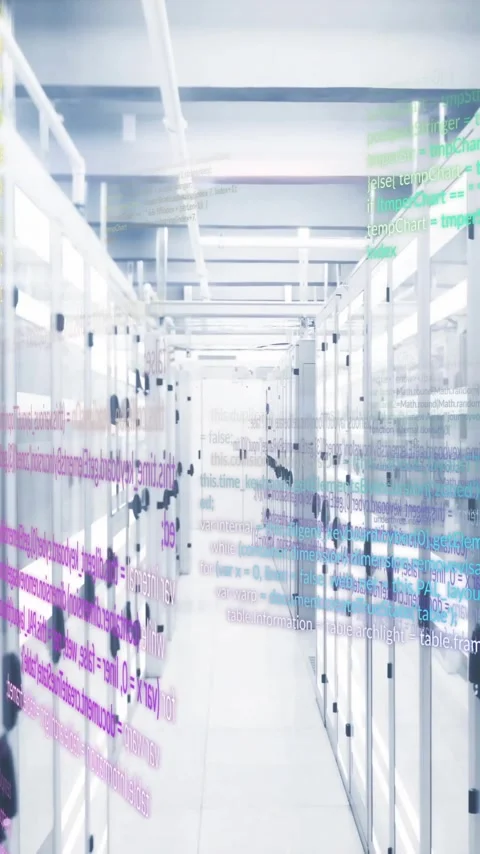 Colorful coding text animation over data servers in modern data center Stock Footage 320093514