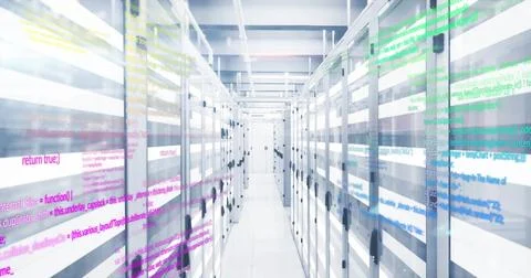 Colorful coding text image over data servers in modern data center Stock Photos