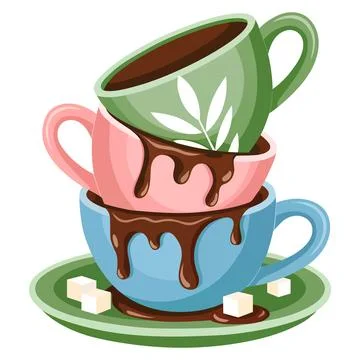 Colorful Coffee Cups Stack with Chocolate Drip Vector Illustration Stock Illustration