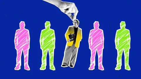 Colorful collage. Hand selecting candidate from colorful silhouettes symbolizing Stock Photos