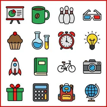 Colorful Collection of Everyday Objects and Concepts in a Grid. Ilustração Stock