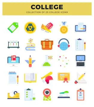 Colorful college icons arrayed in a grid on a white background with a yello.. Stock Illustration