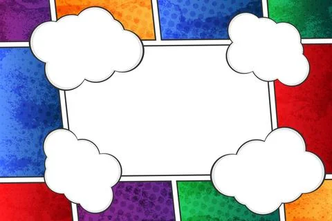 Colorful Comic Book Frame Template with Blank Speech Bubbles and Halftone Grid P Stock Illustration