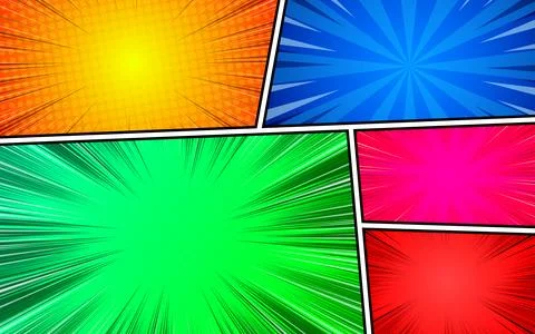 Colorful comic book page background with radial rays halftone lines humor e.. Stock Illustration