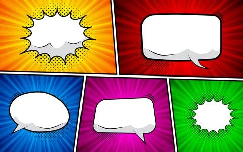 Colorful comic cartoon background template with empty speech bubbles. Illustrazione stock